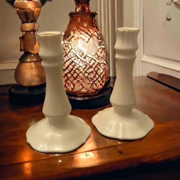 Lenox Candlestick Holders with Gold Rim Made In USA Special Vintage‎ - Picture 1 of 5